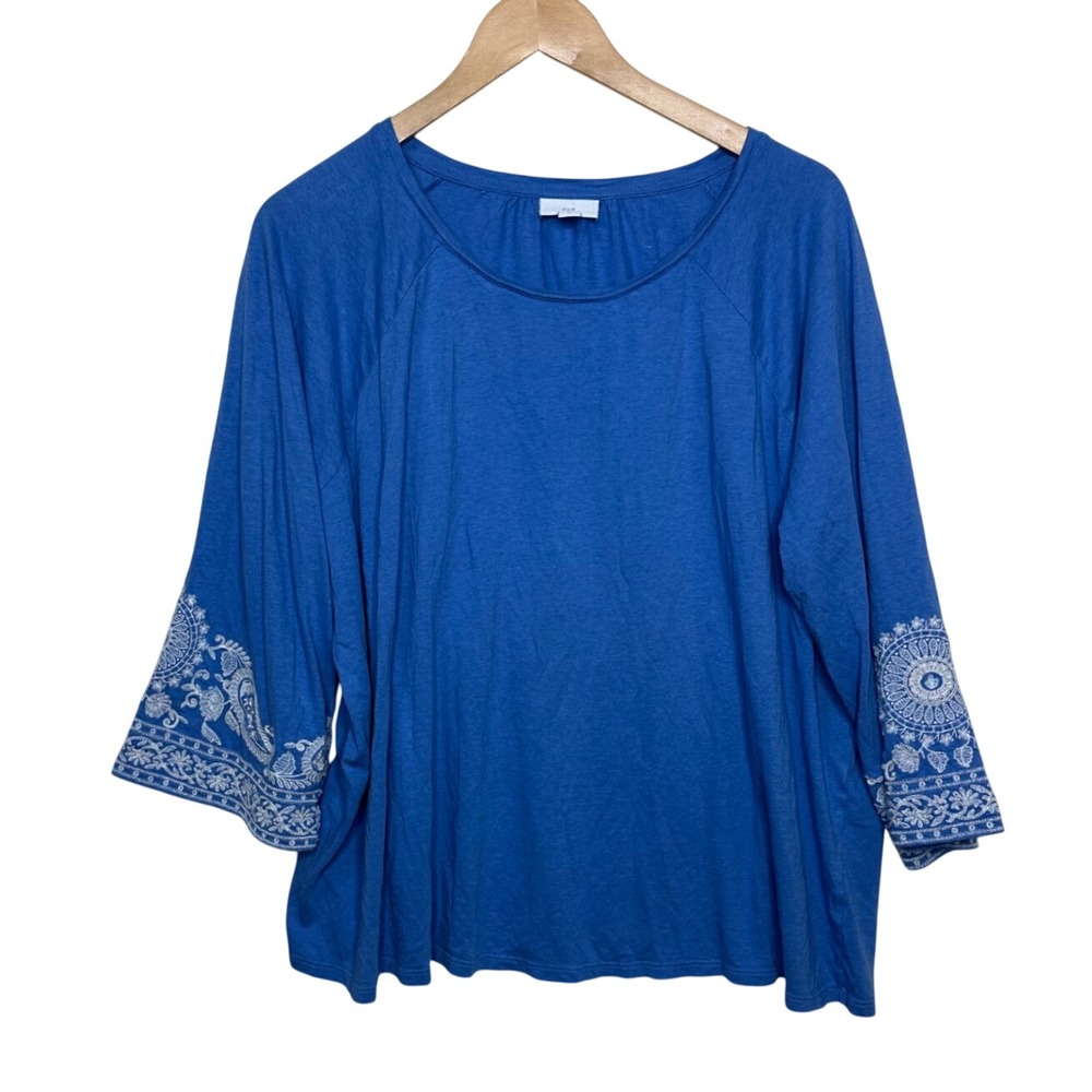 J. Jill Embroidered Cuffs Paisley Scoop Neck Tunic Blouse size 2X Blue/White